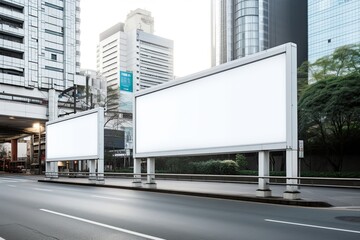 Obraz premium Blank billboard sign mockup in the urban environment, on the facade, empty space to display your advertising or branding campaign