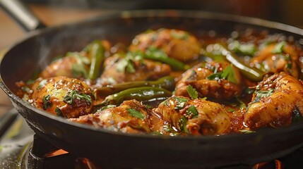 There are several pieces of chicken in a dark brown sauce with green chili peppers on top.

