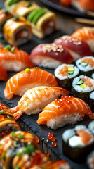 delicious sushi and rolls with salmon, caviar and avocado