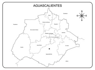 Educational map of the State of Aguascalientes in Mexico, with political division of the towns with names