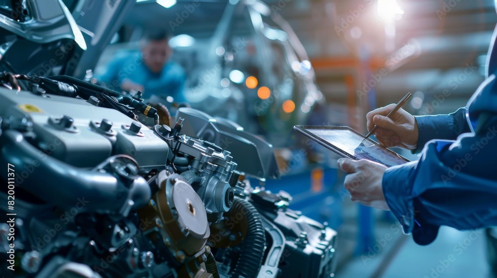 Poster An engineer in the automotive industry uses a digital tablet in a modern workshop for precise work and innovation to diagnose vehicle engines, showcasing technological skills and quality service