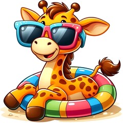 Obraz premium Adorable giraffe in colorful float ring, perfect for children’s pool time fun and summer themes.