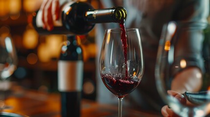 Close up bottle pouring red wine to glass. Wine expert, sommelier tasting. generative ai