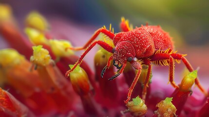 Fototapeta premium The vibrant colors of a red velvet mite