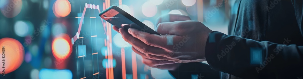 Poster Within the cityscape, a finance professional analyzes stock market trends using a smartphone, focusing on tech integration. Strategy includes data analysis mobile trading for success
