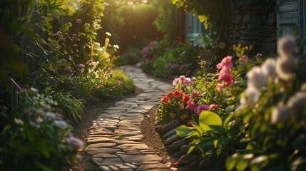 A stone slab path winds through a lush garden filled with various flowers and plants with a warm glow of sunlight shining through the trees.