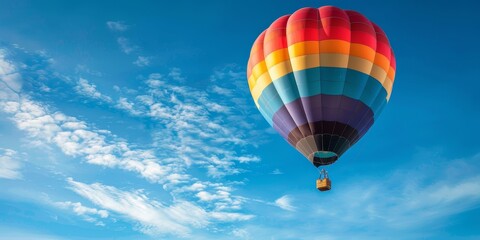 Naklejka premium Vibrant Rainbow Hot Air Balloon Soaring in Clear Sky with Ample Negative Space for Text or Graphics