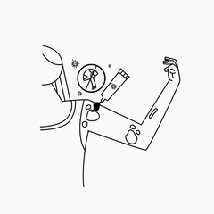 Black and white sketch of girl infected with tinea versicolor on body. women applying tinea versicolor ointment.