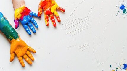 Human hands raised up stained with paint on a white background. Hands in a row.