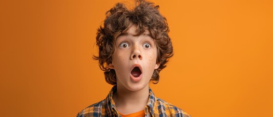 Teen boy with a surprised expression on an orange background