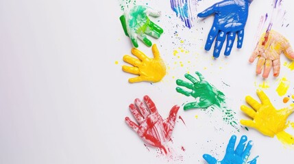 Human hands raised up stained with paint on a white background. Hands in a row.