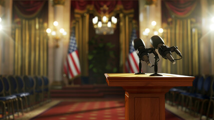 Government official addressing media on economic recovery plans, podium and press backdrop, indoor setting, copy space,