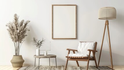 Mockup of a blank frame on a white wall, next to a modern armchair and floor lamp, with a cozy rug and coffee table,