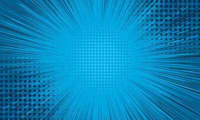 abstract comic background with zoom effect and dot halftone on blue