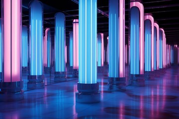 Blue and pink neon pillars in a reflective room