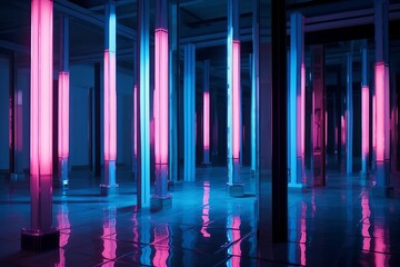 Blue and pink neon pillars in a reflective room