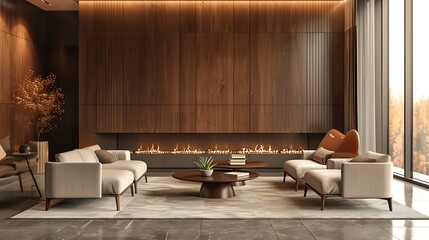 A sleek, linear fireplace embedded in a feature wall, with a mid-century modern sofa and accent chairs arranged for intimate conversations.