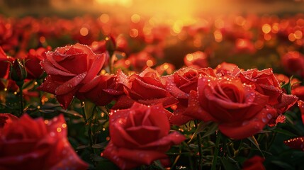 A close-up view of dew-kissed red roses in a serene garden setting, where the morning mist adds a soft focus effect to the background, emphasizing the droplets on the petals. 