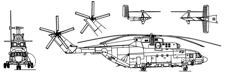 Drawing of russian military helicopter. 
General view. Front, side view.  Cad scheme.