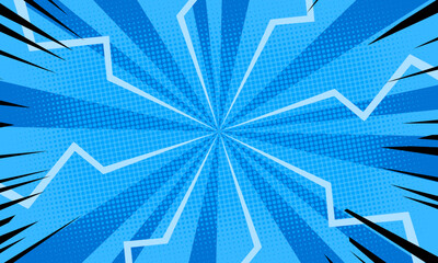 abstract blue comic background with rays and lightning 