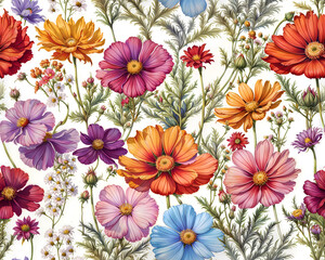 Seamless colorful cosmos flowers pattern, vector style, summer wallpaper design. Generative ai