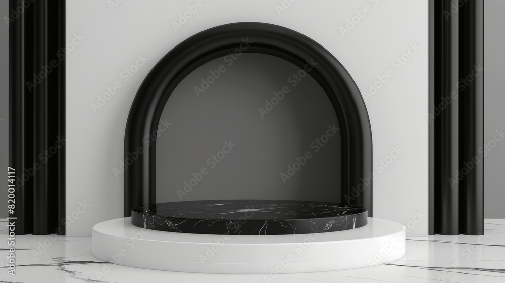 Wall mural the podium for the product is white and black, an empty showcase for displaying goods. 3d rendering.