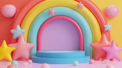 Fototapeta premium An empty podium on a multicolored rainbow background, an empty showcase for displaying goods. 3D rendering.