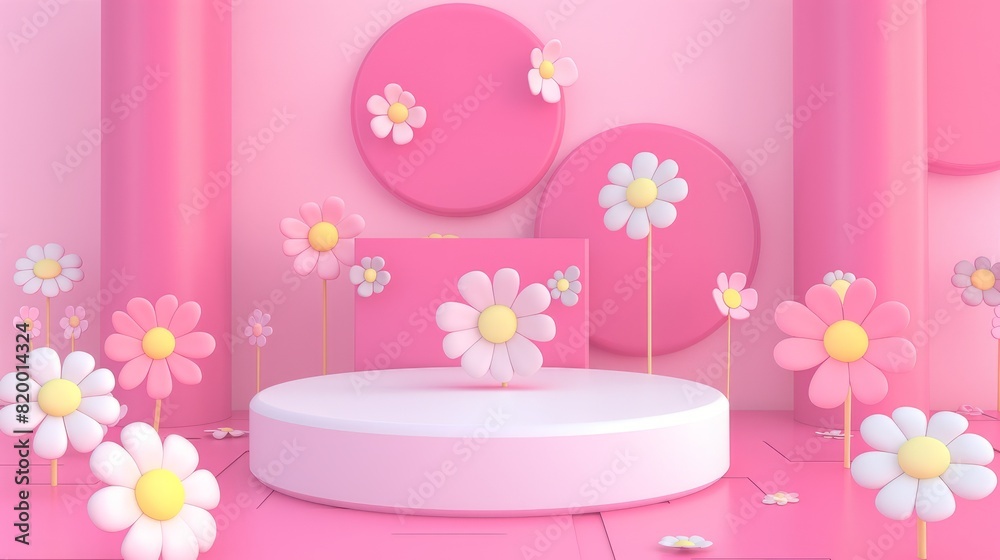 Wall mural an empty round pink podium, against a background of white flowers, an empty showcase for displaying 