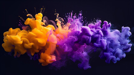 Dynamic Explosion of Vibrant Yellow and Purple Colorful Smoke on Black Background - Ideal for...