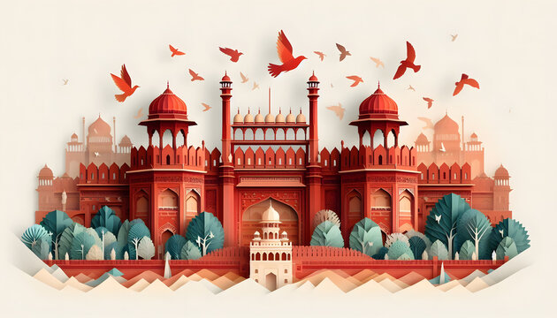 Paper craft of The Red Fort or Lal Qila, a historic fort in Delhi India