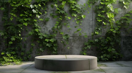 An empty podium against the background of a climbing ivy plant on a gray wall, a showcase for displaying goods. 3D rendering.