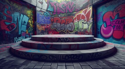 An empty podium with a wall painted with colorful graffiti on the background, an empty showcase for displaying goods. 3D rendering.