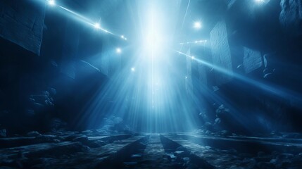 Fototapeta premium Blue light beams in a foggy space