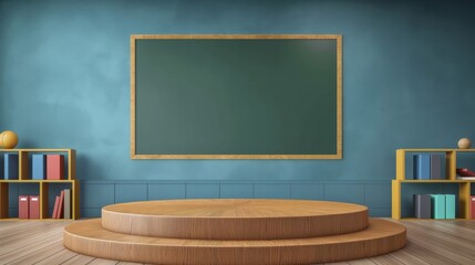 A round podium on the background of a school classroom.  An empty showcase for displaying goods. 3D rendering.