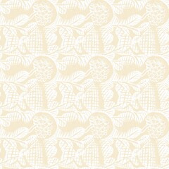 Obraz premium Modern white on cream lace effect wedding background texture. Soft tonal linen openwork block print with subtle hand drawn lattice damask printed fabric backdrop. 