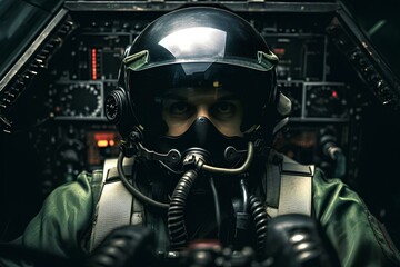Fototapeta premium A pilot wearing a helmet in the cockpit of a fighter jet. Test pilot in the aircraft cabin.