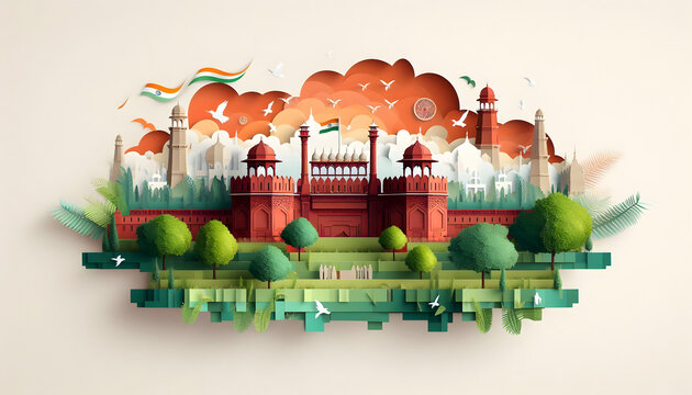 Paper craft of The Red Fort or Lal Qila, a historic fort in Delhi India