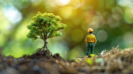 Miniature figure near tree representing environmental work