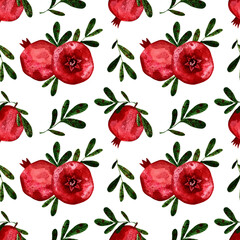 Watercolor pomegranate seamless pattern with exotic red fruits and green leaves on white background. Hand drawn Design for cosmetics, spa, pomegranate juice, health care products, perfume