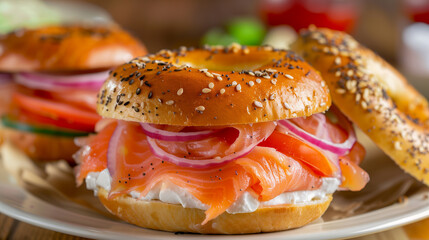 Bagel sandwich with smoked salmon, creamy cream cheese, fresh tomatoes, and onions