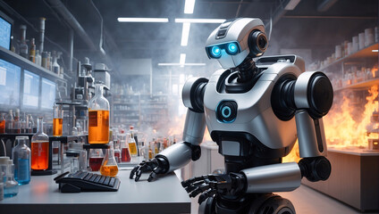 Robot scientist, robotic machine in a scientific chemical laboratory with a fire burning in the backdrop