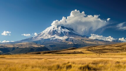 Fototapeta premium Snow-capped mountain with clouds above and grassy plain in foreground under blue sky