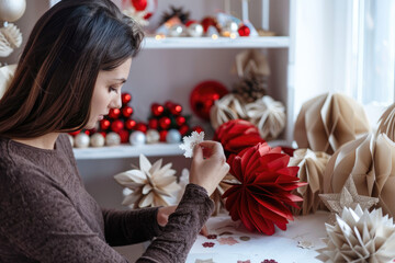 A woman is crafting paper balls for Christmas decorations, sitting at a table with white and red christmas trees on it.