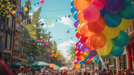 Colorful balloons lining festive street bustling with people on sunny day