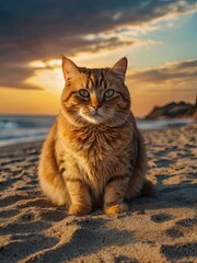 Obraz premium A curious tabby cat surveys its domain, perched atop a fence and a grassy rooftop