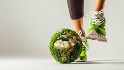 Person wearing green sneakers walking with one foot transformed into grass-covered globe