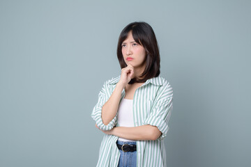 Lifestyle, asian woman emotions and casual concept. Shy and modest cute clueless girl, smirk,...