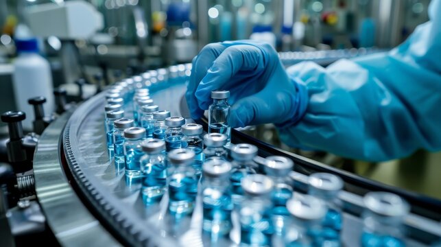 A skilled lab technician plays a crucial role in maintaining the sterility and precision of vaccine vials on the pharmaceutical production line, essential for healthcare manufacturing operations