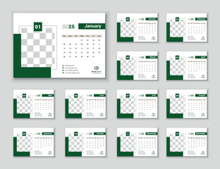 Modern Elegant Professional Desk Calendar, Office Calendar 2025, New Year Business, calendar Week Starts on Sunday, template design for annual calendar.
