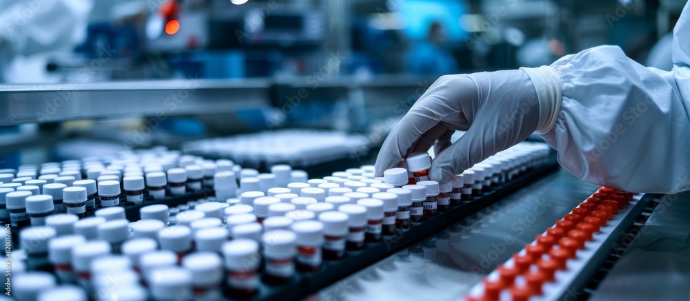 Poster in pharmaceutical manufacturing, gloved hands handle bottles on a production line, ensuring quality 